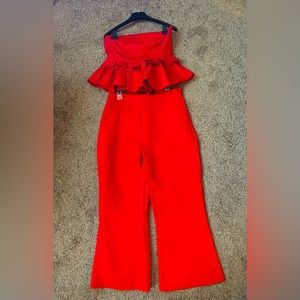 Apple Red Brocade Pelpum Top With Matching Pants